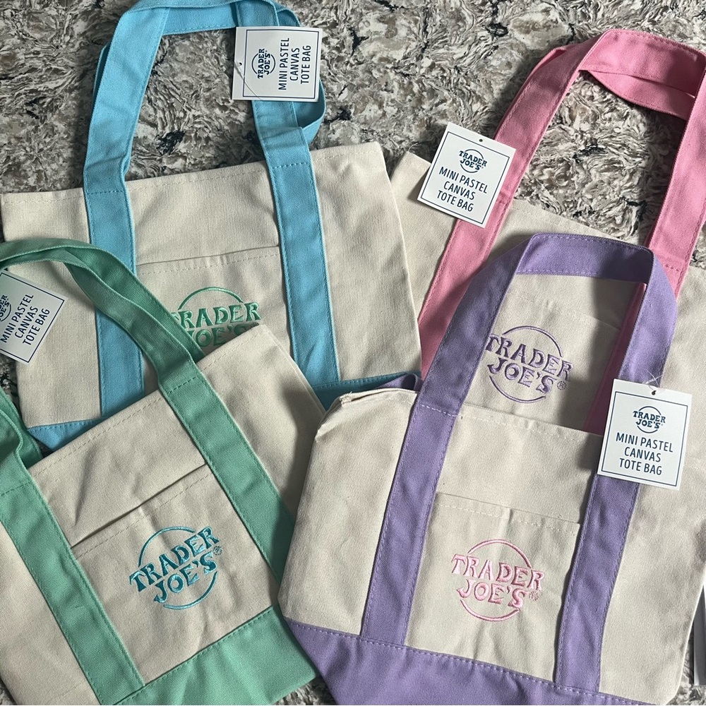 NWT Trader Joe's Mini Pastel Canvas Tote Bags Set of 4 Easter Set Spring 2026